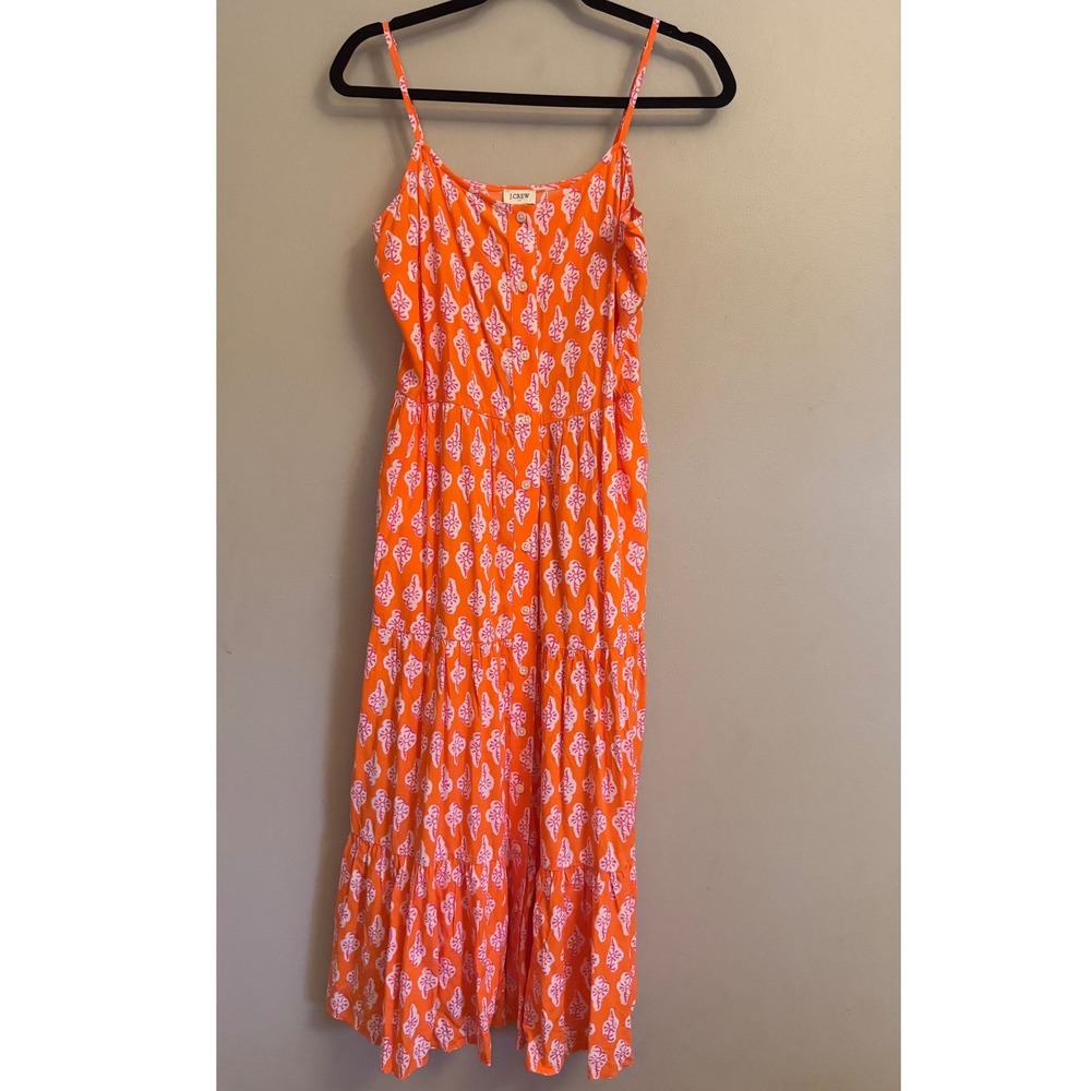 J.Crew Orange Pink Block Print Tiered Midi Dress Pockets K847 Womens 6 NEW